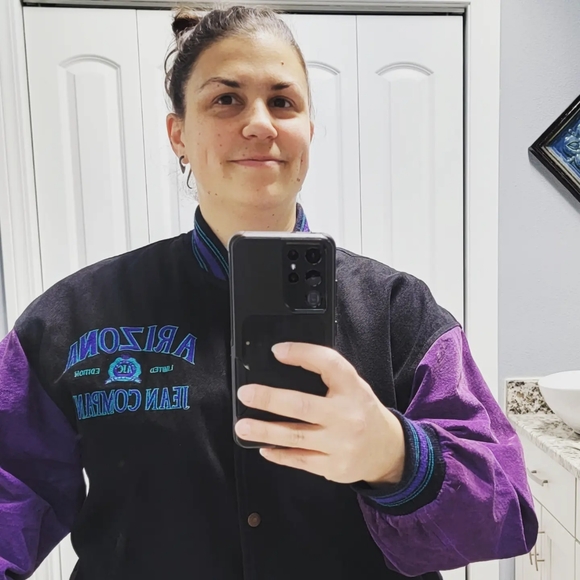 ARIZONA JEAN CO. Vintage 1993 Black w/Purple Suede Sleeves sz Med. Bomber Jacket - Picture 11 of 12